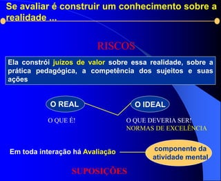 Se avaliar é construir um conhecimento sobre a
realidade ...


                         RISCOS
Ela constrói juízos de valor sobre essa realidade, sobre a
prática pedagógica, a competência dos sujeitos e suas
ações


           O REAL                  O IDEAL

           O QUE É!              O QUE DEVERIA SER!
                                 NORMAS DE EXCELÊNCIA


Em toda interação há Avaliação          componente da
                                        atividade mental

                  SUPOSIÇÕES
 