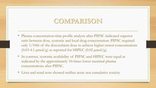 COMPARISON
• Plasma concentration-time profile analysis after PIPAC indicated superior
ratio between dose, systemic and local drug concentration: PIPAC required
only 1/10th of the doxorubicin dose to achieve higher tumor concentrations
(0.03-4.1 µmol/g) as reported for HIPEC (0.02 µmol/g).
• In contrast, systemic availability of PIPAC and HIPEC were equal as
indicated by the approximately 10-times lower maximal plasma
concentrations after PIPAC.
• Liver and renal tests showed neither acute nor cumulative toxicity
 
