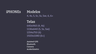 Modelos
4, 4s, 5, 5c, 5s, 5se, 6, 6+
iPHONEs
Telas
640x960 (4, 4s)
1136x640 (5, 5s, 5se)
1334x750 (6)
1920x1080 (6+)
Assisted GPS
Bluetooth
Camera
Acelerômetro
 