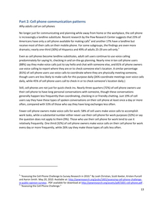Part 2: Cell phone communication patterns
Why adults call on cell phones

No longer just for communicating and planning while away from home or the workplace, the cell phone
is increasingly a landline substitute. Recent research by the Pew Research Center suggests that 23% of
Americans have only a cell phone available for making calls4 and another 17% have a landline but
receive most of their calls on their mobile phone. For some subgroups, the findings are even more
dramatic; nearly one-third (30%) of Hispanics and 49% of adults 25-29 are cell-only.5

Even as cell phones become landline substitutes, adult cell users continue to use voice calling
predominately for saying hi, checking in and on-the-go planning. Nearly nine in ten cell phone users
(88%) say they make voice calls just to say hello and chat with someone else, and 81% of phone owners
use voice calling to report where they are or to check someone else’s location. A similar percentage
(81%) of cell phone users use voice calls to coordinate where they are physically meeting someone,
though users are less likely to make calls for this purpose daily (26% coordinate meetings over voice calls
daily, while 45% of cell phone users call to check in or to check someone’s location daily.)

Still, cell phones are not just for quick check-ins. Nearly three-quarters (72%) of cell phone owners use
their cell phone to have long personal conversations with someone, though these conversations
generally happen less frequently than coordinating, checking in or friendly chatting. Just 19% of cell
users say they have these types of spoken conversations on their cell phone at least once a day or more
often, compared with 53% of those who say they have long exchanges less often.

Fewer cell phone owners make voice calls for work: 58% of cell users make voice calls to accomplish
work tasks, while a substantial number either never use their cell phone for work purposes (32%) or say
the question does not apply to them (9%). Those who use their cell phone for work tend to use it
relatively frequently. One third (32%) of cell phone owners make voice calls on their cell phone for work
every day or more frequently, while 26% say they make those types of calls less often.




4
  “Assessing the Cell Phone Challenge to Survey Research in 2010.” By Leah Christian, Scott Keeter, Kristen Purcell
and Aaron Smith. May 20, 2010. Available at: http://pewresearch.org/pubs/1601/assessing-cell-phone-challenge-
in-public-opinion-surveys . PDF available for download at http://pewresearch.org/assets/pdf/1601-cell-phone.pdf .
5
  “Assessing the Cell Phone Challenge.”
                                                                                                                13
 