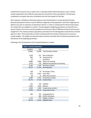 verified that the person was an adult and in a safe place before administering the survey. Cellular
sample respondents were offered a post-paid cash incentive for their participation. All interviews
completed on any given day were considered to be the final sample for that day.

Non-response in telephone interviews produces some known biases in survey-derived estimates
because participation tends to vary for different subgroups of the population, and these subgroups are
likely to vary also on questions of substantive interest. In order to compensate for these known biases,
the sample data are weighted in analysis. The demographic weighting parameters are derived from a
special analysis of the most recently available Census Bureau’s March 2009 Annual Social and Economic
Supplement. This analysis produces population parameters for the demographic characteristics of adults
age 18 or older. These parameters are then compared with the sample characteristics to construct
sample weights. The weights are derived using an iterative technique that simultaneously balances the
distribution of all weighting parameters.

Following is the full disposition of all sampled telephone numbers:

                   Table 1: Sample Disposition
                         Landline         Cell
                          20,895       12,699 Total Numbers Dialed

                           1,160          251     Non-residential
                             982           18     Computer/Fax
                              12            ---   Cell phone
                           8,886        4,906     Other not working
                           1,675          176     Additional projected not working
                           8,180        7,348     Working numbers
                           39.1%        57.9%     Working Rate

                             558           59     No Answer / Busy
                             870        2,054     Voice Mail
                              68           13     Other Non-Contact
                           6,684        5,222     Contacted numbers
                           81.7%        71.1%     Contact Rate

                             521          740     Callback
                           4,305         3016     Refusal
                           1,858        1,466     Cooperating numbers
                           27.8%        28.1%     Cooperation Rate

                             284          235     Language Barrier
                               ---        460     Child's cell phone
                           1,574          771     Eligible numbers
                           84.7%        52.6%     Eligibility Rate


                                                                                                      26
 
