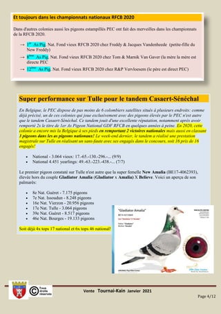 Vente Tournai-Kain Janvier 2021
Page 4/12
Et toujours dans les championnats nationaux RFCB 2020
Dans d'autres colonies aussi les pigeons estampillés PEC ont fait des merveilles dans les championnats
de la RFCB 2020.
→ 1er
As Pig. Nat. Fond vieux RFCB 2020 chez Freddy & Jacques Vandenheede (petite-fille du
New Freddy)
→ 8ème
As Pig. Nat. Fond vieux RFCB 2020 chez Tom & Marnik Van Gaver (la mère la mère est
directe PEC
→ 12ème
As Pig. Nat. Fond vieux RFCB 2020 chez R&P Vervloesem (le père est direct PEC)
Super performance sur Tulle pour le tandem Casaert-Sénéchal
En Belgique, le PEC dispose de pas moins de 6 colombiers satellites situés à plusieurs endroits: comme
déjà précisé, un de ces colonies qui joue exclusivement avec des pigeons élevés par le PEC n'est autre
que le tandem Casaert-Sénéchal. Ce tandem jouit d'une excellente réputation, notamment après avoir
remporté 2x le titre de 1er As Pigeon National GDF RFCB en quelques années à peine. En 2020, cette
colonie a encore mis la Belgique à ses pieds en remportant 2 victoires nationales mais aussi en classant
3 pigeons dans les as pigeons nationaux! Le week-end dernier, le tandem a réalisé une prestation
magistrale sur Tulle en réalisant un sans-faute avec ses engagés dans le concours, soit 16 prix de 16
engagés!
 National - 3.064 vieux: 17.-65.-130.-296.-... (9/9)
 National 4.451 yearlings: 49.-63.-223.-438.-... (7/7)
Le premier pigeon constaté sur Tulle n'est autre que la super femelle New Amalia (BE17-4062393),
élevée hors du couple Gladiator Amalia (Gladiator x Amalia) X Believe. Voici un aperçu de son
palmarès:
 8e Nat. Guéret - 7.175 pigeons
 7e Nat. Issoudun - 8.248 pigeons
 16e Nat. Vierzon - 20.956 pigeons
 17e Nat. Tulle - 3.064 pigeons
 39e Nat. Guéret - 8.517 pigeons
 46e Nat. Bourges - 19.133 pigeons
Soit déjà 4x tops 17 national et 6x tops 46 national!
 