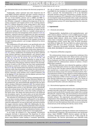 ARTICLE IN PRESS
G Model
SYNMET-13632; No. of Pages 10

2                                                    J.M. Kinyanjui et al. / Synthetic Metals xxx (2011) xxx–xxx


cost alternatives that can also enhance the electronic properties of                 the role of solvent composition in a co-solvent system of ace-
PI.                                                                                  tone/DMSO for the formation of conductive PI/Carbon composite
    Traditionally, carbon materials have been dispersed into PI                      ﬁlms is assessed. The electrodeposition of Pt at the PI/Carbon
using DMSO (dimethyl sulfoxide) and other common solvents to                         electrode interface using cyclic voltammetry is veriﬁed. The elec-
obtain electronically conductive PI/Carbon composites [16–18].                       trochemical properties of Pt, deposited at the PI/Carbon interface,
The use of low-volatility solvents such as DMSO and NMP (n-                          are investigated using the ferricyanide redox couple and methanol
methylpyrrolidone) is problematic because the homogeneity of                         oxidation reaction. The electrochemical measurements conﬁrm the
the PI/Carbon composite is inﬂuenced by dispersion of the sec-                       electrochemical activity of Pt metal deposited from the reduction
ondary component and trapped solvent in the resulting polymer                        of PtCl4 2− .
ﬁlm [17]. Uniform dispersion of the carbon black is also critical
to ensure that the mechanical integrity of PI is maintained, with                    2. Experimental
high aggregation of the secondary component producing brittle
materials [19]. Therefore, a uniform dispersion of carbon and the                    2.1. Chemicals and solutions
PI precursor [polyamic acid (PAA)] in a suitable solvent prior to
imidization increases the homogeneity of the material [17,20–22].                       Poly(pyromellitic dianhydride-co-4,4 -oxydianiline)amic acid
Moreover, enhanced electrical conductivity has been previously                       (PAA) solution (Aldrich, 15.0 wt.% ±5 wt.% in NMP/aromatic hydro-
attributed to the formation of small ﬁbrous carbon black aggregates                  carbons, Cat.# 575828, trade name: Pyre-M.L.® RC-5057), dimethyl
with chain-like structures within the polymer matrix [19]. Such                      sulfoxide, DMSO (Aldrich, ≥99.9%, Cat.# 154938), conductex® SC
microstructures can be instrumental in the transport of electrons                    carbon black (Columbian Chemical company), potassium tetra-
through insulating polymers and strongly inﬂuenced by solvent                        chloroplatinate, K2 PtCl4 (Strem, 98%, Cat.# 78-1970), perchloric
composition.                                                                         acid, HClO4 (J.T. Baker, 69–72%, Cat.# 9652-33), sulfuric acid, H2 SO4
    The combination of PI with metals is not speciﬁcally tied to the                 (Mallinckrodt, 98%, Cat.# 2876), acetone (J.T. Baker, 99.5%, Cat.#
formation of conductive PI using carbon. In fact, PI/metal com-                      9006-7), potassium ferricyanide, K3 Fe(CN)6 , Methanol, CH3 OH
posites have also been reported previously for microelectronic                       (VWR, 99.8%, EM-MX085-9). All materials were used as received.
photoresist and biosensor applications using surface deposition or
impregnation of secondary metals on/into the insulating polymer
                                                                                     2.2. Preparation of PI/Carbon composites
[23–25]. Surface modiﬁcation of insulating PI has been achieved
using solution hydrolysis, photoirradiation, and chemical vapor
                                                                                        The carbon/acetone mixture was prepared by combining 5.45 g
deposition [21] for a variety of metal species, including Ag [26,27],
                                                                                     of conductex® SC carbon black with 100 ml acetone and stirring
Fe [28], Cu [27,29–31], Al [32,33], Au [27], Pt [34–36], and
                                                                                     for 24 h. The solution was then sonicated for approximately 3 h.
Pd [27,34,35]. The electrochemical deposition of metal on free-
                                                                                     54.5 g of polyamic acid (PAA) was dissolved in 20 ml of DMSO and
standing PI substrates has not been extensively studied due to the
                                                                                     combined with the carbon/acetone solution to achieve a 10 wt.%
low conductivity of the polymer substrate material. The electrode-
                                                                                     PAA/Carbon composite.
position of metal on thin PI ﬁlms has thus been predominantly
                                                                                        The PI/Carbon substrates were obtained by applying a uniform
performed on conductive substrates, including Au and glassy car-
                                                                                     coating of the PAA/Carbon mixture on a glass substrate and allow-
bon [23,37,38]. The method utilizes the inherent conductivity of the
                                                                                     ing it to dry for 24 h. The glass substrate with the PAA/Carbon ﬁlm
substrate rather than the polymer to facilitate the electrochemical
                                                                                     was inserted into a vacuum oven at a temperature of 80 ◦ C for a
deposition of metal. In addition, PI ﬁlms are often grafted onto con-
                                                                                     period of one week to ensure the removal of residual solvent. Ther-
ductive substrates using methods such as photo-irradiation [39]
                                                                                     mal imidization of PAA to PI was utilized to achieve polymerization
or by dipping [37] the substrates into the polymer precursor that
                                                                                     [17]. A temperature range of 250–300 ◦ C is typically utilized for the
forms thin ﬁlms after polymerization.
                                                                                     thermal imidization of PAA to form PI [22,42,43], and therefore a
    The electrodeposition of PAA in a solution containing metal salt
                                                                                     ﬁnal thermal imidization was conducted at 280 ◦ C for 30 min to
at an electrode surface, thereby creating PAA/metal hybrids, has
                                                                                     form the PI/Carbon composite. The typical ﬁlm thickness for the
also been documented. For example, the incorporation of Au and
                                                                                     delaminated PI/Carbon substrates obtained was 150 m.
Ag nanoparticles into electrochemically deposited PAA has been
used to produce PAA/metal composites [40]. The method utilizes
the afﬁnity of PAA to reduce the incorporated metal cations during                   2.3. Electrochemical apparatus and conditions
the polymerization process at the electrode surface. Speciﬁcally,
when the carboxyl group of the PAA reacts with triethylamine, a                         Pt was electrochemically deposited on a free-standing PI/Carbon
polyamate salt is formed with a cation that readily exchanges for                    working electrode using cyclic voltammetry. Cyclic voltammetry
the metal cation. This allows the metal precursor to be dispersed                    was also used to probe the ferricyanide redox couple of the resulting
into the polymer matrix. The metal cation can be both thermally                      PI/Carbon/Pt composite ﬁlms. All electrochemical measurements
and electrochemically reduced to metal during polymerization.                        were conducted using a CHI 760 potentiostat/galvanostat with
    The utilization of a PI/Carbon/Pt composite for fuel cell applica-               included software. The experiments were performed in a one-
tions has been recently explored for sulfonated PI as the polymer                    compartment, three-electrode cell. All potentials are referenced to
electrolyte ﬁlm. A mixture of Pt in carbon black has been incorpo-                   a Ag/AgCl electrode (3 M KCl ﬁlling solution). As counter electrode,
rated into sulfonated PI, cast onto an electrode, and used to examine                we used a 0.5 mm-thick platinum sheet with an area exceeding the
the oxygen reduction reaction (ORR) [38]. Additionally, the elec-                    immersed area of the working electrode by a factor of two.
trocatalytic properties of Pt-deposited polyimide/carbon nanotube
ﬁlms for methanol and nitrite oxidation have also been studied [41].                 2.4. X-ray photoelectron spectroscopy (XPS)
These studies document the unique combination of metals, carbon,
and PI to produce synergistic properties for novel applications.                        XPS was employed to identify the oxidation state of platinum in
    In our study, the synthesis of a “free-standing” PI/Carbon/Pt                    the PI/Carbon/Pt composites. XPS measurements were performed
composite electrode is demonstrated. The dispersion of carbon                        using a Specs PHOIBOS 150MCD electron analyzer and Mg K
into PAA is examined and the conductivity of the composites pro-                     excitation. The base pressure was in the 10−10 mbar range for all
duced using different carbon loading is evaluated. Speciﬁcally,                      measurements. The electron spectrometer was calibrated using



    Please cite this article in press as: J.M. Kinyanjui, et al., Synthetic Met. (2011), doi:10.1016/j.synthmet.2011.08.046
 