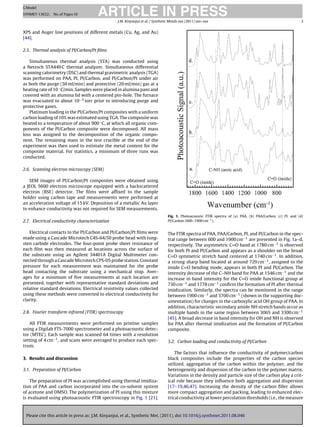 ARTICLE IN PRESS
G Model
SYNMET-13632; No. of Pages 10

                                                  J.M. Kinyanjui et al. / Synthetic Metals xxx (2011) xxx–xxx                                                 3


XPS and Auger line positions of different metals (Cu, Ag, and Au)
[44].

2.5. Thermal analysis of PI/Carbon/Pt ﬁlms

   Simultaneous thermal analysis (STA) was conducted using
a Netzsch STA449 C thermal analyzer. Simultaneous differential
scanning calorimetry (DSC) and thermal gravimetric analysis (TGA)
was performed on PAA, PI, PI/Carbon, and PI/Carbon/Pt under air
as both the purge (50 ml/min) and protective (20 ml/min) gas at a
heating rate of 10 ◦ C/min. Samples were placed in alumina pans and
covered with an alumina lid with a centered pin-hole. The furnace
was evacuated to about 10−3 torr prior to introducing purge and
protective gases.
   Platinum loading in the PI/Carbon/Pt composites with a uniform
carbon loading of 10% was estimated using TGA. The composite was
heated to a temperature of about 900 ◦ C, at which all organic com-
ponents of the PI/Carbon composite were decomposed. All mass
loss was assigned to the decomposition of the organic compo-
nent. The remaining mass in the test crucible at the end of the
experiment was then used to estimate the metal content for the
composite material. For statistics, a minimum of three runs was
conducted.

2.6. Scanning electron microscopy (SEM)

   SEM images of PI/Carbon/Pt composites were obtained using
a JEOL 5600 electron microscope equipped with a backscattered
electron (BSE) detector. The ﬁlms were afﬁxed to the sample
holder using carbon tape and measurements were performed at
an acceleration voltage of 15 kV. Deposition of a metallic Au layer
to enhance conductivity was not required for SEM measurements.
                                                                                  Fig. 1. Photoacoustic FTIR spectra of (a) PAA, (b) PAA/Carbon, (c) PI, and (d)
2.7. Electrical conductivity characterization                                     PI/Carbon (600–1900 cm−1 ).


   Electrical contacts to the PI/Carbon and PI/Carbon/Pt ﬁlms were                The FTIR spectra of PAA, PAA/Carbon, PI, and PI/Carbon in the spec-
made using a Cascade Microtech C4S-64/50 probe head with tung-                    tral range between 600 and 1900 cm−1 are presented in Fig. 1a–d,
sten carbide electrodes. The four-point probe sheet resistance of                 respectively. The asymmetric C O band at 1780 cm−1 is observed
each ﬁlm was then measured at locations across the surface of                     for both PI and PI/Carbon and appears as a shoulder on the broad
the substrate using an Agilent 34401A Digital Multimeter con-                     C O symmetric stretch band centered at 1740 cm−1 . In addition,
nected through a Cascade Microtech CPS-05 probe station. Constant                 a strong sharp band located at around 729 cm−1 , assigned to the
pressure for each measurement was maintained for the probe                        imide C O bending mode, appears in both PI and PI/Carbon. The
head contacting the substrate using a mechanical stop. Aver-                      intensity decrease of the C–NH band for PAA at 1546 cm−1 and the
ages for a minimum of ﬁve measurements at each location are                       increase in band intensity for the C O imide functional group at
presented, together with representative standard deviations and                   730 cm−1 and 1778 cm−1 conﬁrm the formation of PI after thermal
relative standard deviations. Electrical resistivity values collected             imidization. Similarly, the spectra can be monitored in the range
using these methods were converted to electrical conductivity for                 between 1900 cm−1 and 3700 cm−1 (shown in the supporting doc-
clarity.                                                                          umentation) for changes in the carboxylic acid OH group of PAA. In
                                                                                  addition, characteristic secondary amide NH stretch bands occur as
2.8. Fourier transform infrared (FTIR) spectroscopy                               multiple bands in the same region between 3065 and 3300 cm−1
                                                                                  [45]. A broad decrease in band intensity for OH and NH is observed
   All FTIR measurements were performed on pristine samples                       for PAA after thermal imidization and the formation of PI/Carbon
using a Digilab FTS-7000 spectrometer and a photoacoustic detec-                  composite.
tor (MTEC). Each sample was scanned 64 times with a resolution
setting of 4 cm−1 , and scans were averaged to produce each spec-                 3.2. Carbon loading and conductivity of PI/Carbon
trum.
                                                                                      The factors that inﬂuence the conductivity of polymer/carbon
3. Results and discussion                                                         black composites include the properties of the carbon species
                                                                                  utilized, aggregation of the carbon within the polymer, and the
3.1. Preparation of PI/Carbon                                                     heterogeneity and dispersion of the carbon in the polymer matrix.
                                                                                  Variations in the density and particle size of the carbon play a crit-
    The preparation of PI was accomplished using thermal imidiza-                 ical role because they inﬂuence both aggregation and dispersion
tion of PAA and carbon incorporated into the co-solvent system                    [17–19,46,47]. Increasing the density of the carbon ﬁller allows
of acetone and DMSO. The polymerization of PI using this mixture                  more compact aggregation and packing, leading to enhanced elec-
is evaluated using photoacoustic FTIR spectroscopy in Fig. 1 [21].                trical conductivity at lower percolation thresholds (i.e., the measure



 Please cite this article in press as: J.M. Kinyanjui, et al., Synthetic Met. (2011), doi:10.1016/j.synthmet.2011.08.046
 