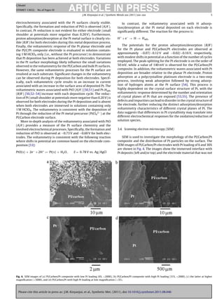 ARTICLE IN PRESS
G Model
SYNMET-13632; No. of Pages 10

                                                        J.M. Kinyanjui et al. / Synthetic Metals xxx (2011) xxx–xxx                                                   5


electrochemistry associated with the Pt surfaces clearly visible.                          In contrast, the voltammetry associated with H adsorp-
Speciﬁcally, the formation and reduction of PtO is observed (A/A ).                     tion/desorption at the Pt metal deposited on each electrode is
In contrast, Pt reduction is not evident for either electrode (small                    signiﬁcantly different. The reaction for the process is:
shoulder at potentials more negative than 0.20 V). Furthermore,
proton adsorption/desorption at the Pt metal surface is clearly vis-                    H+ + e− → H → Hads.
ible (B/B ) for both electrodes during this metal deposition process.
Finally, the voltammetric response of the Pt planar electrode and                           The potentials for the proton adsorption/desorption (B/B )
the PI/C/Pt composite electrode is evaluated in solution contain-                       for the Pt planar and PI/Carbon/Pt electrodes are observed at
ing 1 M HClO4 only (i.e., without the Pt precursor) to demonstrate                      approximately −0.07/−0.12 V and −0.02/−0.16 V, respectively,
that Pt deposition has been achieved at both electrodes. Variations                     with modest shifts in potential as a function of the number of cycles
in the Pt surface morphology likely inﬂuence the small variations                       employed. The peak-splitting for the Pt electrode is on the order of
observed in the voltammetry for the PI/Carbon and bulk Pt surfaces.                     50 mV, while a value of 140 mV is observed for the PI/Carbon/Pt
However, the same voltammetric processes for the Pt surface are                         composite. In addition, the voltammetric waves associated with Pt
resolved at each substrate. Signiﬁcant changes in the voltammetry                       deposition are broader relative to the planar Pt electrode. Proton
can be observed during Pt deposition for both electrodes. Specif-                       adsorption at a polycrystalline platinum electrode is a two-step
ically, each voltammetric cycle results in an increase in current                       process, involving weak adsorption followed by strong adsorp-
associated with an increase in the surface area of deposited Pt. The                    tion of hydrogen atoms at the Pt surface [54]. This process is
voltammetric waves associated with PtO (A/A ) [50,51] and Pt-Hads                       highly dependent on the crystal surface structure of Pt, with the
(B/B ) [50,52–54] increase with each deposition cycle. The reduc-                       voltammetric response determined by the number and orientation
tion of Pt (small shoulder at potentials more negative than 0.20 V) is                  of crystal planes of Pt that are exposed [53,55]. The presence of
observed for both electrodes during the Pt deposition and is absent                     defects and impurities can lead to disorder in the crystal structure of
when both electrodes are immersed in solutions containing only                          the electrode, further reducing the distinct adsorption/desorption
1 M HClO4 . The voltammetry is consistent with the deposition of                        voltammetry characteristics of different crystal planes of Pt. The
Pt through the reduction of the Pt metal precursor (PtCl4 2− ) at the                   data suggests that differences in Pt crystallinity may translate into
PI/Carbon electrode surface.                                                            different electrochemical responses for the oxidation/reduction of
    More in-depth analysis of the voltammetry associated with PtO                       solution species.
(A/A ) provides a measure of the Pt surface chemistry and the
involved electrochemical processes. Speciﬁcally, the formation and                      3.4. Scanning electron microscopy (SEM)
reduction of PtO is observed at ∼0.73 V and ∼0.60 V for both elec-
trodes. The voltammetry is consistent with the following reaction                           SEM is used to investigate the morphology of the PI/Carbon/Pt
where shifts in potential are common based on the electrode com-                        composite and the distribution of Pt particles on the surface. The
position [53]:                                                                          SEM images of PI/Carbon/Pt electrodes with Pt loading of 6 and 30%
                                                                                        are shown in Fig. 4. The images show the immersed interface with
PtO(s) + 2e− + 2H+          Pt(s) + H2 O,        E = 0.78 V vs. Ag/AgCl                 Pt deposits (left and/or top) and the electrode material that was not




Fig. 4. SEM images of (a) PI/Carbon/Pt composite with low Pt loading (6%, ×2000), (b) PI/Carbon/Pt composite with high Pt loading (31%, ×2000), (c) the latter at higher
magniﬁcation (×5000), and (d) PI/Carbon/Pt with high Pt loading at low magniﬁcation (×35).




 Please cite this article in press as: J.M. Kinyanjui, et al., Synthetic Met. (2011), doi:10.1016/j.synthmet.2011.08.046
 