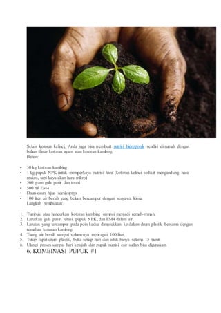 Selain kotoran kelinci, Anda juga bisa membuat nutrisi hidroponik sendiri di rumah dengan
bahan dasar kotoran ayam atau kotoran kambing.
Bahan:
 30 kg kotoran kambing
 1 kg pupuk NPK untuk memperkaya nutrisi hara (kotoran kelinci sedikit mengandung hara
makro, tapi kaya akan hara mikro)
 500 gram gula pasir dan terasi
 500 ml EM4
 Daun-daun hijua secukupnya
 100 liter air bersih yang belum bercampur dengan senyawa kimia
Langkah pembuatan:
1. Tumbuk atau hancurkan kotoran kambing sampai menjadi remah-remah.
2. Larutkan gula pasir, terasi, pupuk NPK, dan EM4 dalam air.
3. Larutan yang tercampur pada poin kedua dimasukkan ke dalam drum plastik bersama dengan
remahan kotoran kambing.
4. Tuang air bersih sampai volumenya mencapai 100 liter.
5. Tutup rapat drum plastik, buka setiap hari dan aduk hanya selama 15 menit.
6. Ulangi proses sampai hari ketujuh dan pupuk nutrisi cair sudah bisa digunakan.
6. KOMBINASI PUPUK #1
 