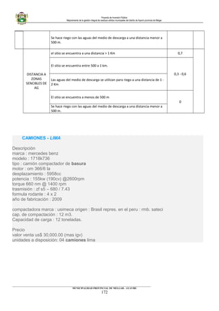 Proyecto de Inversión Pública
Mejoramiento de la gestión integral de residuos sólidos municipales del distrito de Ayaviri provincia de Melgar
Se hace riego con las aguas del medio de descarga a una distancia menor a
500 m.
DISTANCIA A
ZONAS
SENCIBLES DE
AG
el sitio se encuentra a una distancia > 1 Km 0,7
El sitio se encuentra entre 500 a 1 km.
0,3 - 0,6
Las aguas del medio de descarga se utilizan para riego a una distancia de 1 -
2 Km
El sitio se encuentra a menos de 500 m
0
Se hace riego con las aguas del medio de descarga a una distancia menor a
500 m.
CAMIONES - LIMA
Descripción
marca : mercedes benz
modelo : 1718k736
tipo : camión compactador de basura
motor : om 366/6 la
desplazamiento : 5958cc
potencia : 155kw (190cv) @2600rpm
torque 660 nm @ 1400 rpm
trasmisión : zf s5 – 680 / 7.43
formula rodante : 4 x 2
año de fabricación : 2009
compactadora marca : usimeca origen : Brasil repres. en el peru : rmb. sateci
cap. de compactación : 12 m3.
Capacidad de carga : 12 toneladas.
Precio
valor venta us$ 30,000.00 (mas igv)
unidades a disposición: 04 camiones lima
____________________________________________________________________________________________________________________
MUNICIPALIDAD PROVINCIAL DE MELGAR - AYAVIRI
172
 