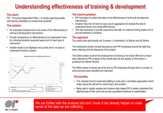 Understanding effectiveness of training & development
The client:
PIP – Pursuing Independent Paths – A charity supporting adults
with learning disabilities to achieve their potential
The client’s problem:
• PIP had begun to collect lots data on the effectiveness of training & development
interventions
• However they did not have an easy way to aggregate and analyse the data to
understand trends and overall effectiveness
• This was necessary to provide assurance internally, for external funding bodies and to
provide feedback to students
The solution
• An automated analysis tool to aid review of the effectiveness of
training & development interventions
• Provide transparency on effectiveness at an organisation level,
for individual students (example below) and for each type of
intervention
• Enable results to be displayed very quickly and in an easy to
understand format to support
The benefits
• The volunteer found it extremely fulfilling to work with a charitable organisation which
really valued the skill set he could bring to the problem
• Being able to rapidly analyse and interpret data helped PIP to better understand the
effectiveness of their work and provide quantitative feedback to stakeholders
The approach
The project was split broadly into 3 phases: i) Understand, (ii) Deliver and (iii) Refine.
The Understand phase involved discussions with PIP employees around the data they
were collecting and the objectives of the project.
The Deliver phase involved the development and testing of an Excel VBA tool to import
data collected by PIP, analysis of the overall data set and display of information in
graphical and tabular formats.
The Refine phase involved use of the tool by PIP employees through which a number of
enhancements were identified and delivered.
We are thrilled with the analysis tool and I know it has already helped us make
sense of the data we are collecting.
 