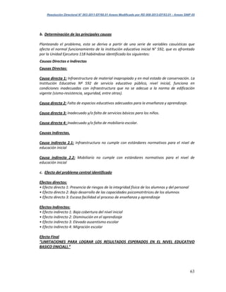Resolución Directoral N° 003-2011-EF/68.01 Anexo Modificado por RD 008-2013-EF/63.01 - Anexo SNIP 05
63
b. Determinación de las principales causas
Planteando el problema, esta se deriva a partir de una serie de variables casuísticas que
afecta el normal funcionamiento de la institución educativa inicial N° 592, que es afrontado
por la Unidad Ejecutora 118 habiéndose identificado los siguientes:
Causas Directas e Indirectas
Causas Directas:
Causa directa 1: Infraestructura de material inapropiado y en mal estado de conservación. La
Institución Educativa Nº 592 de servicio educativo público, nivel inicial, funciona en
condiciones inadecuadas con infraestructura que no se adecua a la norma de edificación
vigente (sismo-resistencia, seguridad, entre otras).
Causa directa 2: Falta de espacios educativos adecuados para la enseñanza y aprendizaje.
Causa directa 3: Inadecuado y/o falta de servicios básicos para los niños.
Causa directa 4: Inadecuado y/o falta de mobiliario escolar.
Causas Indirectas.
Causa indirecta 2.1: Infraestructura no cumple con estándares normativos para el nivel de
educación inicial
Causa indirecta 2.2: Mobiliario no cumple con estándares normativos para el nivel de
educación inicial
c. Efecto del problema central identificado
Efectos directos:
• Efecto directo 1: Presencia de riesgos de la integridad física de los alumnos y del personal
• Efecto directo 2: Bajo desarrollo de las capacidades psicomotritrices de los alumnos
• Efecto directo 3: Escasa facilidad al proceso de enseñanza y aprendizaje
Efectos Indirectos:
• Efecto indirecto 1: Baja cobertura del nivel inicial
• Efecto indirecto 2: Disminución en el aprendizaje
• Efecto indirecto 3: Elevado ausentismo escolar
• Efecto indirecto 4: Migración escolar
Efecto Final
“LIMITACIONES PARA LOGRAR LOS RESULTADOS ESPERADOS EN EL NIVEL EDUCATIVO
BASICO (INICIAL).”
 