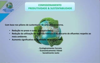 Com base nos pilares de sustentação de uma obra moderna. 
• Redução no prazo e custo. (produtividade) 
• Redução da utilização de recursos hídricos e do descarte de efluentes respeito ao 
meio ambiente. 
• Aumento significativo da qualidade do produto final. 
 Ecologicamente Correto 
 Economicamente Viável 
 Socialmente Justo 
 