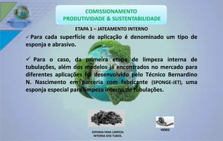 ETAPA 1 – JATEAMENTO INTERNO 
 Para cada superfície de aplicação é denominado um tipo de 
esponja e abrasivo. 
 Para o caso, da primeira etapa de limpeza interna de 
tubulações, além dos modelos já encontrados no mercado para 
diferentes aplicações foi desenvolvido pelo Técnico Bernardino 
N. Nascimento em parceria com fabricante (SPONGE-JET), uma 
esponja especial para limpeza interna de tubulações. 
ESPONJA PARA LIMPEZA 
INTERNA DOS TUBOS. 
VIDEO 
 
