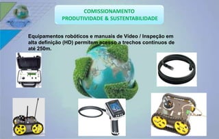 Equipamentos robóticos e manuais de Vídeo / Inspeção em 
alta definição (HD) permitem acesso a trechos contínuos de 
até 250m. 
 