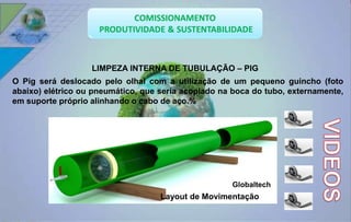 LIMPEZA INTERNA DE TUBULAÇÃO – PIG 
O Pig será deslocado pelo olhal com a utilização de um pequeno guincho (foto 
abaixo) elétrico ou pneumático, que seria acoplado na boca do tubo, externamente, 
em suporte próprio alinhando o cabo de aço.% 
Globaltech 
Layout de Movimentação 
 