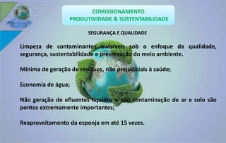 SEGURANÇA E QUALIDADE 
Limpeza de contaminantes invisíveis sob o enfoque da qualidade, 
segurança, sustentabilidade e preservação do meio ambiente. 
Mínima de geração de resíduos, não prejudiciais à saúde; 
Economia de água; 
Não geração de efluentes líquidos e não contaminação de ar e solo são 
pontos extremamente importantes; 
Reaproveitamento da esponja em até 15 vezes. 
 