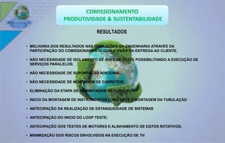 RESULTADOS 
• MELHORIA DOS RESULTADOS NAS OPERAÇÕES DA ENGENHARIA ATRAVÉS DA 
PARTICIPAÇÃO DO COMISSIONAMENTO COM A VISÃO DA ENTREGA AO CLIENTE. 
• NÃO NECESSIDADE DE ISOLAMENTO DE ÁREA DE TESTE POSSIBILITANDO A EXECUÇÃO DE 
SERVIÇOS PARALELOS; 
• NÃO NECESSIDADE DE SUPORTAÇÃO ADICIONAL; 
• NÃO NECESSIDADE DE MONTAGEM DE CARRETÉIS; 
• ELIMINAÇÃO DA ETAPA DE REMONTAGEM DE TUBULAÇÃO; 
• INICIO DA MONTAGEM DE INSTRUMENTOS LOGO APÓS A MONTAGEM DA TUBULAÇÃO 
• ANTECIPAÇÃO DA REALIZAÇÃO DE ESTANQUEIDADE DE SISTEMAS 
• ANTECIPAÇÃO DO INICIO DO LOOP TESTE; 
• ANTECIPAÇÃO DOS TESTES DE MOTORES E ALINHAMENTO DE EQTOS ROTATIVOS; 
• MINIMIZAÇÃO DOS RISCOS ENVOLVIDOS NA EXECUÇÃO DE TH 
 