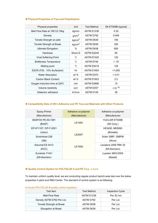 Physical Properties of Top-coat Polyethylene


           Physical properties                Unit       Test Method       SK ET509B (typical)
     Melt Flow Rate at 190 /2.16kg           dg/min     ASTM D1238                    0.30
                 Density                     g/cm3       ASTM D792                    0.949
         Tensile Strength at yield           kg/cm2      ASTM D638                    180
        Tensile Strength at Break            kg/cm2      ASTM D638                    300
           Ultimate Elongation                 %         ASTM D638                    800
                Hardness                    Shore D     ASTM D2240                     60
          Vicat Softening Point                         ASTM D1525                    120
         Brittleness Temperature                         ASTM D746                    < -70
              Melting point                             ASTM D3418                    128
      ESCR (F50 , 10% Surfactant)              Hr       ASTM D1693                >1,000
            Water Absorption                  wt %       ASTM D570                < 0.01
          Carbon Black Content                wt %      ASTM D1603                     2.0
     Oxygen Induction time at 220             min       ASTM D3896                     15
            Volume resistivity                  m        ASTM D257                >10 16
           Dielectric withstand              kV/mm       ASTM D149                     38



  Compatibility Data of SK's Adhesive and PE Top-coat Materials with Other Products


          Epoxy Primer                  Adhesive co-polymer             Adhesive co-polymer
          (Manufacture)                     (Manufacture)                  (Manufacture)
      BASFOX PE-50-1081                                                   YUCLAIR ET509B
                                               LE149V
              (BASF)                                                         (SK Corp.)
     EP-971197 / EP-F-2001                                                HE3450, ME6060
              (Jotun)                                                         (Borealis)
                                               LE200T
         Scotchkote 228                                                  Sclair 35BP, 35BPM
               (3M)                                                            (Nova)
        Karumel EX 4413                                                 Lacqtene 2006 PBK 35
                                               LE100A
              (KCC)                                                         (Elf-Atochem)
         Eurokote 71441                                                  Lupolen 3653 DSW
          (Elf-Atochem)                                                        (Basell)



  Quality Control System for POLYGLUE           and PE To p - c o a t


To maintain uniform quality level, we are conducting regular product bactch-wise test over the below
properties in plant and R&D Center. The standard of control system is as following.


In-house POLYGLUE       quality control regulation
                    Test Item                         Test Method            Inspection Cycle
                 Melt Flow Rate                       ASTM D1238                Per 30 min
         Density ASTM D792 Per Lot.                   ASTM D792                  Per Lot.
           Tensile Strength at Break                  ASTM D638                  Per Lot.
              Elongation at Break                     ASTM D638                  Per Lot.
 