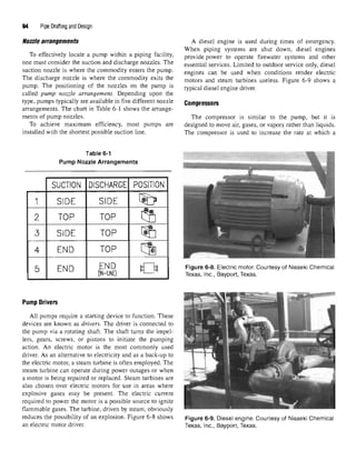 94 Pipe Drafting and Design
Nozzle arrangements
To effectively locate a pump within a piping facility,
one must consider the suction and discharge nozzles. The
suction nozzle is where the commodity enters the pump.
The discharge nozzle is where the commodity exits the
pump. The positioning of the nozzles on the pump is
called pump nozzle arrangement. Depending upon the
type, pumps typically are available in five different nozzle
arrangements. The chart in Table 6-1 shows the arrange-
ments of pump nozzles.
To achieve maximum efficiency, most pumps are
installed with the shortest possible suction line.
Table 6-1
Pump Nozzle Arrangements
Pump Drivers
All pumps require a starting device to function. These
devices are known as drivers. The driver is connected to
the pump via a rotating shaft. The shaft turns the impel-
lers, gears, screws, or pistons to initiate the pumping
action. An electric motor is the most commonly used
driver. As an alternative to electricity and as a back-up to
the electric motor, a steam turbine is often employed. The
steam turbine can operate during power outages or when
a motor is being repaired or replaced. Steam turbines are
also chosen over electric motors for use in areas where
explosive gases may be present. The electric current
required to power the motor is a possible source to ignite
flammable gases. The turbine, driven by steam, obviously
reduces the possibility of an explosion. Figure 6-8 shows
an electric motor driver.
A diesel engine is used during times of emergency.
When piping systems are shut down, diesel engines
provide power to operate firewater systems and other
essential services. Limited to outdoor service only, diesel
engines can be used when conditions render electric
motors and steam turbines useless. Figure 6-9 shows a
typical diesel engine driver.
Compressors
The compressor is similar to the pump, but it is
designed to move air, gases, or vapors rather than liquids.
The compressor is used to increase the rate at which a
Figure 6-8. Electric motor. Courtesy of Nisseki Chemical
Texas, Inc., Bayport, Texas.
Figure 6-9. Diesel engine. Courtesy of Nisseki Chemical
Texas, Inc., Bayport, Texas.
 