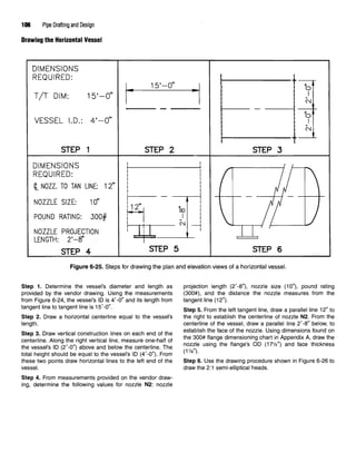 106 Pipe Drafting and Design
Drawing the Horizontal Vessel
Figure 6-25. Steps for drawing the plan and elevationviews of a horizontalvessel.
Step 1. Determine the vessel's diameter and length as projection length (2'-8"), nozzle size (10"), pound rating
provided by the vendor drawing. Using the measurements (300#), and the distance the nozzle measures from the
from Figure 6-24, the vessel's ID is 4'-0" and its length from tangent line (12").
tangent line totangent line is15'-0". step 5 From thQ |eft t£mgent |in6j draw fl para||e| jjne 12* tQ
Step 2. Draw a horizontal centerline equal to the vessel's the right to establish the centerline of nozzle N2. From the
length. centerline of the vessel, draw a parallel line 2'-8" below, to
Step 3. Draw vertical construction lines on each endof the e
k
sta
^f ^e fac
* of the
nozzle. Using dimensions found on
centerline. Along the right vertical line, measure one-half of the
™0#flan
9«j^dimensioning chart in.Appendix A, draw the
the vessel's ID (2'-0") above andbelow the centerline. The ™fi* usm
9 tne flan
9es OD
<171/2
> and face thlckness
total height should be equal to the vessel's ID (4'-0"). From ' 8
''
these two points draw horizontal lines to the left end of the Step 6. Use the drawing procedure shown in Figure 6-26 to
vessel. draw the 2:1 semi-elliptical heads.
Step 4. From measurements provided on the vendor draw-
ing, determine the following values for nozzle N2: nozzle
 