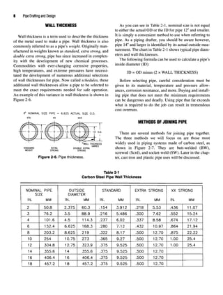 6 Pipe Drafting and Design
WALL THICKNESS
Wall thickness is a term used to describe the thickness
of the metal used to make a pipe. Wall thickness is also
commonly referred to as a pipe's weight. Originally man-
ufactured in weights known as standard, extra strong, and
double extra strong, pipe has since increased in complex-
ity with the development of new chemical processes.
Commodities with ever-changing corrosive properties,
high temperatures, and extreme pressures have necessi-
tated the development of numerous additional selections
of wall thicknesses for pipe. Now called schedules, these
additional wall thicknesses allow a pipe to be selected to
meet the exact requirements needed for safe operation.
An example of this variance in wall thickness is shown in
Figure 2-6.
Figure 2-6. Pipe thickness.
As you can see in Table 2-1, nominal size is not equal
to either the actual OD or the ID for pipe 12" and smaller.
It is simply a convenient method to use when referring to
pipe. As a piping drafter, you should be aware however,
pipe 14" and larger is identified by its actual outside mea-
surement. The chart in Table 2-1 shows typical pipe diam-
eters and wall thicknesses.
The following formula can be used to calculate a pipe's
inside diameter (ID):
ID = OD minus (2 x WALL THICKNESS)
Before selecting pipe, careful consideration must be
given to its material, temperature and pressure allow-
ances, corrosion resistance, and more. Buying and install-
ing pipe that does not meet the minimum requirements
can be dangerous and deadly. Using pipe that far exceeds
what is required to do the job can result in tremendous
cost overruns.
METHODS OF JOINING PIPE
There are several methods for joining pipe together.
The three methods we will focus on are those most
widely used in piping systems made of carbon steel, as
shown in Figure 2-7. They are butt-welded (BW),
screwed (Scrd), and socket-weld (SW). Later in the chap-
ter, cast iron and plastic pipe uses will be discussed.
Table 2-1
Carbon Steel Pipe Wall Thickness
NOMINAL PIPE
SIZE
IN. MM
2
3
4
6
8
10
12
14
16
18
50.8
76.2
101
152
203
254
304
355
406
457
OUTSIDE
DIAMETER
IN. MM
2.3
3.5
6 4.5
4 6.6
2 8.6
10.
8 12.
6 14
.4 16
.2 18
75 60.3
88.9
114
25 168
25 219
75 273
75 323
355
406
457
STANDARD
IN. MM
.15
.21
3 .23
3 .28
.32
.36
9 .37
.6 .37
.4 .37
.2 .37
4 3.91
6 5.48
7 6.02
0 7.12
2 8.17
5 9.27
5 9.52
5 9.52
5 9.52
5 9.52
EXTRA STRON
IN. MM
2 .21
6 .30
.33
.43
.50
.50
!5 .50
!5 .50
!5 .50
>5 .50
8 5.53
0 7.62
7 8.5E
2 10.£
0 12J
0 12.:
0 12.:
0 12.:
o 12.:
o 12.:
G XX STRONG
IN. MM
> .43
.55
I .67
7 .86
'0 .87
r
o 1.0
7
0 1.0
'0
7
0
7
Q
6 11.0:
2 15.2^
4 17.12
4 21.9^
5 22.2;
0 25.4
0 25.4
 