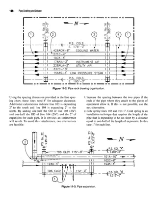 196 Pipe Drafting and Design
Figure 11-2. Pipe rack drawingorganization.
Using the spacing dimension provided in the line spac- 1. Increase the spacing between the two pipes if the
ing chart, these lines need 8" for adequate clearance. ends of the pipe where they attach to the pieces of
Additional calculations indicate line 103 is expanding equipment allow it. If this is not possible, use the
2" to the south and line 104 is expanding 2" to the next alternative.
north. By adding one-half the OD of line 103 (2V4") 2.Cold spring lines 103 and 104 1". Cold spring is an
and one-half the OD of line 104 (21
/4") and the 2" of installation technique that requires the length of the
expansion for each pipe, it is obvious an interference pipe that is expanding to be cut short by a distance
will result. To avoid this interference, two alternatives equal to one-half of the length of expansion. In this
are feasible: case 1"for each line.
Figure 11-3. Pipeexpansion.
 