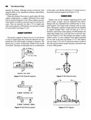 200 Pipe Drafting and Design
attached by bolting. Although similar in function, base of the pipe's axis thereby allowing it to extend across a
supports differ in size, attachment methods, adjustability, horizontal structural support (see Figure 11-15).
and load capacity.
When the distance from pipe to grade makes the base HANGER RODS
support inappropriate, a support fabricated from angle
iron or structural channel is used. These supports are gen- Hanger rods are the standard supporting device used
erally bolted or welded to structural steel or concrete col- when a pipe, or pipes, must be supported from above,
umns. They are typically less than 2'-6" in length and, Hanger rods are suspended from overhead lines or struc-
with a load capacity of 500 pounds, are used only on pipe tural supports. Two major styles of hanger rods are used.
12" and smaller (see Figure 11-14). One
*s
designed to support a single pipe and one intended
to support multiple lines. Used on lines up to 24" in
diameter, and having a load capacity of 4,800 pounds, the
RUMMY QIIPPflRTQ
uummi ourrumo single pipe hanger uses a rod and clevis to provide sup-
port (see Figure 11-16). The multiple line hanger is often
The dummy support or dummy leg as it is also known called a trapeze. It uses a length of steel angle suspended
is used to support pipe that would not otherwise be sup- by two rods at the ends (see Figure 11-17). The trapeze
ported due to its short length or change in direction. The can vary from 3'-0" to lO'-O" long from center to center of
dummy leg is a piece of open pipe welded to the outside the rods with the shorter length carrying a maximum load
of an elbow. The piece of open pipe acts as a continuation of up to 4,900 pounds.
Figure 11-15. Dummy suppor
Figure 11-16. Rod and clevis.
Figure 11-17. Trapeze.
 