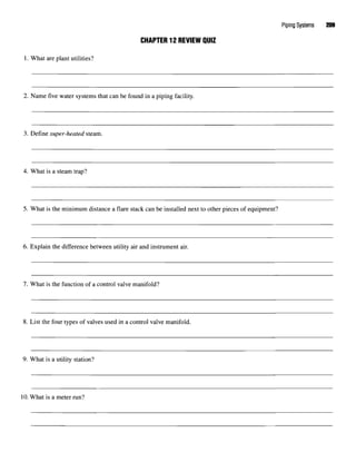 Piping Systems 209
CHAPTER 12 REVIEW QUIZ
1. What are plant utilities?
2. Name five water systems that can be found in a piping facility.
3. Define super-heated steam.
4. What is a steam trap?
5. What is the minimum distance a flare stack can be installed next to other pieces of equipment?
6. Explain the difference between utility air and instrument air.
7. What is the function of a control valve manifold?
8. List the four types of valves used in a control valve manifold.
9. What is a utility station?
10.What is a meter run?
 