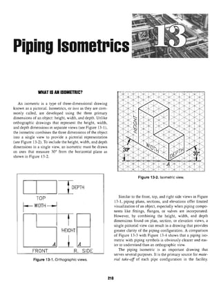 Piping Isometrics
WHAT IS AN ISOMETRIC?
An isometric is a type of three-dimensional drawing
known as a pictorial. Isometrics, or isos as they are com-
monly called, are developed using the three primary
dimensions of an object: height, width, and depth. Unlike
orthographic drawings that represent the height, width,
and depth dimensions in separate views (see Figure 13-1),
the isometric combines the three dimensions of the object
into a single view to provide a pictorial representation
(see Figure 13-2). To include the height, width, and depth
dimensions in a single view, an isometric must be drawn
on axes that measure 30° from the horizontal plane as
shown in Figure 13-2.
Figure 13-1. Orthographic views.
Figure 13-2. Isometric view.
Similar to the front, top, and right side views in Figure
13-1, piping plans, sections, and elevations offer limited
visualization of an object, especially when piping compo-
nents like fittings, flanges, or valves are incorporated.
However, by combining the height, width, and depth
dimensions found on plan, section, or elevation views, a
single pictorial view can result in a drawing that provides
greater clarity of the piping configuration. A comparison
of Figure 13-3 with Figure 13-4 shows that a piping iso-
metric with piping symbols is obviously clearer and eas-
ier to understand than an orthographic view.
The piping isometric is an important drawing that
serves several purposes. It is the primary source for mate-
rial take-off of each pipe configuration in the facility.
210
 