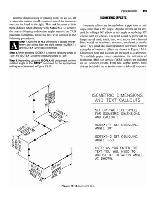 Piping Isometrics 219
Whether dimensioning or placing notes on an iso, all ISOMETRIC OFFSETS
written information should remain on one of the isometric
axes and inclined to the right. This task becomes a little isometric offsets are formed when a pipe turns at any
more difficult when drawing with AutoCAD. To achieve angle omer man a 9Qo angle Angular offsets can be cre.
the proper obliquing androtation angles required onCAD ated by rolling a 9Qo elbow at any angle or replacing 90°
generated isometrics, create thetext style outlined inthe dbows with 450 dbows The result would be pipes mat no
following procedures. longer travel north, south, east, west, up, or down. Instead
H
Step 1. Use the STYLE command to create twodif- jmes wouid run northwest, northeast, southeast, or south-
ferent text styles. Use thestyle names ISOTEXT-1 west Th could also shmt rd Qr downward Several
and ISOTEXT-2 for easy reference. , f • „ • «• ,. u • *r 1 a 1 *
J
examples of isometnc offsets are shown in Figure 13-16.
Step 2. When creating ISOTEXT-1, set the obliquing angle to Dimension lines and callouts are included as a reference.
+30°. For ISOTEXT-2 set the obliquing angle to -30°. To establish proper visual orientation, the indication of
Step 3. Depending upon the ISOPLANE being used, set the horizontal (HOR) or vertical (VERT) angles are included
rotation angle in the DTEXT command to the appropriate on all isometric offsets. Forty five degree elbows must
setting as representedin Figure 13-15. always be labeled on an iso for material take-off purposes.
ISOMETRIC DIMENSIONS
AND TEXT CALLOUTS
SET UP TWO TEXT STYLES
FOR ISOMETRIC DIMENSIONS
AND CALLOUTS.
ISOTEXT-1 SET OBLIQUING
ANGLE 30'
ISOTEXT-2 SET OBLIQUING
ANGLE -30s
NOTE: AS YOU ENTER THE
TEXT YOU WILL NEED TO
ADJUST THE ROTATION ANGLE
AS SHOWN.
Figure 13-15. Isometric text.
 