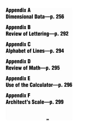 Appendix A
Dimensional Data—p. 256
Appendix B
Review of Lettering—p. 292
Appendix C
Alphabet of Lines—p. 294
Appendix D
Review of Math—p. 295
Appendix E
Use of the Calculator—p. 296
Appendix F
Architect's Scale—p. 299
255
 