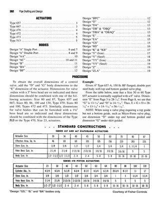 282 Pipe Drafting and Design
ACTUATORS Design "BFC" 12
„ ™ o Design "D" 12
^e
^ I Design "DA" 13
^470 4 Design "DB" &"DBQ" 13
T^e472 4 Design "DBA" &"DBAQ" 13
*yP
' <- Design "E" 14
I™*™  Design "EA" 15
TyPe5B
BODIES
5
^n"GS" 15
BODI£b
Design "HS" 16
Design "A" Single Port 6 and 7 Design "K" & "KB" 17
Design "A" Double Port 8 and 9 Design "Y" (Iron) 17
Design "AA" 10 Design "Y" (Steel) 18
Design "AC" 10 and 11 Design "YY" (Iron) 18
Design "B" 11 Design "YY" (Steel) 19
Design "BA" 12 Design "Z" 19
Design "BF" 12 Design "ZLA" 19
PROCEDURE
To obtain the overall dimensions of a control Example:
valve, add the "D" and "G" body dimensions to the Given: 6" Type 657-A, 150 Ib. RF flanged, double port
"E" dimension of the actuator. Dimensions for valve steel body with top and bottom guided valve plug,
jodies with a 5" boss head are so indicated and these From the table below, note that a Size 50 or 60 Type
dimensions should be combined with one of the fol- 657 actuator is normally supplied with a 6" valve. Dimen-
lowing actuators: Size 80 and 87, Types 657 and sion "E" from Page 3 is 28-7
/i6". From Page 8, we see that
667; Sizes 80, 86, 100 and 130, Type 470; Sizes 80 "G" is 13-s/i6" and "D" is 14-'Vi6". Thus, E + G + D = 28-
and 100,Types 472 and 473.Similarly, dimensions 7i6"+ 13-s/i6"+ 14-i5/i6" = 56-u/i6".
for valve bodies that can be furnished with a 11
A" NOTE: When using a valve plug requiring a top guide
boss head are so indicated and these dimensions but not a bottom guide, such as Micro-Form valve plug,
should be combined with the dimensions of the Type use dimension "D" under top and bottom guided and
513 or the Type 470, Size 23, actuators. dimension "G" under skirt guided.
. . . STANDARD CONSTRUCTIONS . . .
SERIES 657 AND 667 DIAPHRAGM ACTUATORS
*Design "GS," "B," and "BA" bodies only. Courtesy of Fisher Controls
 