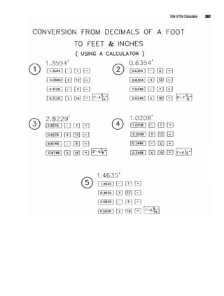 Use of the Calculator 297
CONVERSION FROM DECIMALS OE A FOOT
TO FEET & INCHES
( USING A CALCULATOR )
 