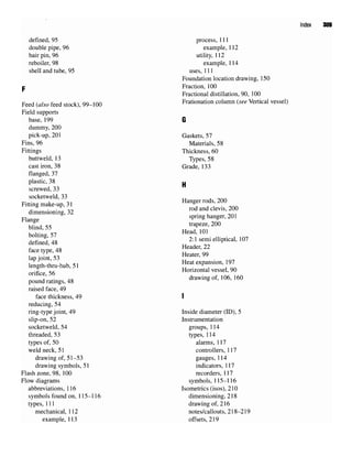 Index 309
defined, 95 process, 111
double pipe, 96 example, 112
hairpin, 96 utility, 112
reboiler, 98 example, 114
shell and tube, 95 uses, 111
Foundation location drawing, 150
p Fraction, 100
Fractional distillation, 90, 100
Feed (also feed stock), 99-100 Frationation column (see Vertical vessel)
Field supports
base, 199 G
dummy, 200
pick-up, 201 Gaskets, 57
Fins, 96 Materials, 58
Fittings Thickness, 60
buttweld, 13 Types, 58
cast iron, 38 Grade, 133
flanged, 37
plastic, 38 II
screwed, 33
socketweld, 33
r,.... , ~! Hanger rods, 200
Fitting make-up, 31 , ' . ~n~
,. . . «- rod and clevis, 200
dimensioning, 32 ' .
Flange spnng ha
"g
n
er
'201
blind, 55 tr
f^' 20
°
U u- CT Head, 101
bolting, 57 _ ' . „ . . , in-
, f. , ,0 2:1 semi elliptical, 107
defined, 48 F
,, . ,,0 Header, 22
face type, 48 TT
, . /<Q Heater, 99
lap joint, 53 TT .rt_
i -u -u u u ci Heat expansion, 197
length-thru-hub, 51 TT . F
, ,rt/>
.^ -,- Horizontal vessel, 90
orifice, 56 .
, .. A0 drawing of, 106,160
pound ratings, 48 to
raised face, 49
face thickness, 49 I
reducing, 54
ring-type joint, 49 Inside diameter (ID), 5
slip-on, 52 Instrumentation
socketweld, 54 groups, 114
threaded, 53 types, 114
types of, 50 alarms, 117
weld neck, 51 controllers, 117
drawing of, 51-53 gauges, 114
drawing symbols, 51 indicators, 117
Flash zone, 98, 100 recorders, 117
Flow diagrams symbols, 115-116
abbreviations, 116 Isometrics (isos), 210
symbols found on, 115-116 dimensioning, 218
types, 111 drawing of, 216
mechanical, 112 notes/callouts, 218-219
example, 113 offsets, 219
 