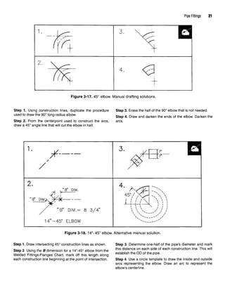 Pipe Fittings 21
Figure 3-17. 45° elbow. Manual drafting solutions.
Step 1. Using construction lines, duplicate the procedure Step 3. Erase the half of the 90° elbow that is not needed,
used todraw the90° long-radius elbow. step 4 Dfaw and darken the ends Qf the e|bow Darken the
Step 2. From the centerpoint used to construct the arcs, arcs,
draw a 45° angle line that will cut the elbow in half.
Figure 3-18. 14"-45° elbow. Alternative manual solution.
Step 1. Draw intersecting 45° construction lines as shown. Step 3. Determine one-half of the pipe's diameter and mark
Step 2. Using the B dimension fora 14"-45° elbow from the this
^stan
^e
°n
n
each
h
side of each con
struction
line. This will
Welded Fittings-Flanges Chart, mark off this length along estabhsh the OD of tne
P'Pe
-
each construction line beginning at the point of intersection. Step 4. Use a circle template to draw the inside and outside
arcs representing the elbow. Draw an arc to represent the
elbow's centerline.
 
