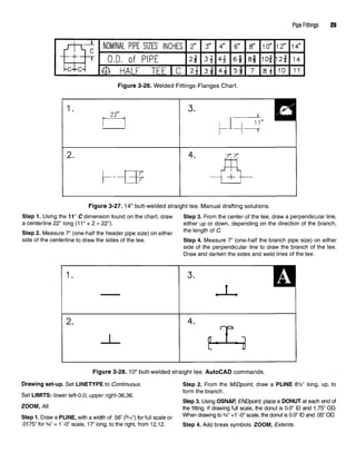 Pipe Fittings 25
Figure 3-26. Welded Fittings-Flanges Chart.
Figure 3-27.14" butt-welded straight tee. Manual drafting solutions.
Step 1. Using the 11" C dimension found on the chart, draw Step 3. From the center of the tee, draw a perpendicular line,
a centerline 22" long (11" x 2 = 22"). either up or down, depending on the direction of the branch,
Step 2. Measure 7" (one-half theheader pipe size) oneither the length of C
side of the centerline to draw the sides of the tee. Step 4. Measure 7" (one-half the branch pipe size) on either
side of the perpendicular line to draw the branch of the tee.
Draw and darken the sides and weld lines of the tee.
Figure 3-28.10" butt-welded straight tee. AutoCAD commands.
Drawing set-up. Set LINETYPE to Continuous. Step 2. From the MIDpoint, draw a PLINE QVz" long, up, to
Set LIMITS: lower left-0,0; upper right-36,36. f
°rm the branch
'
Step 3. Using OSNAR ENDpoint, place a DONUT at each end of
ZOOM, All. the fitting |f drawing fu||sca|e) the donut is 0.0" IDand 1.75"OD.
Step 1. Draw a PLINE, with awidth of .56" f/W') forfull scale or Whendrawin
9to%
"=1
'-°"scale
'thedonut is
°-°"IDand
-05
"OQ
.0175" for %" = 1 '-0" scale, 17" long, to the right, from 12,12. Step 4. Add break symbols. ZOOM, Extents.
 