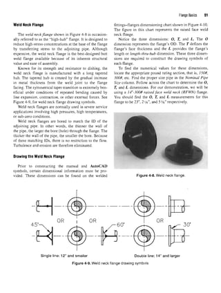 Weld Neck Flange
The weld neck flange shown in Figure 4-8 is occasion-
ally referred to as the "high-hub" flange. It is designed to
reduce high-stress concentrations at the base of the flange
by transferring stress to the adjoining pipe. Although
expensive, the weld neck flange is the best-designed butt
weld flange available because of its inherent structural
value and ease of assembly.
Known for its strength and resistance to dishing, the
weld neck flange is manufactured with a long tapered
hub. The tapered hub is created by the gradual increase
in metal thickness from the weld joint to the flange
facing. The symmetrical taper transition is extremely ben-
eficial under conditions of repeated bending caused by
line expansion, contraction, or other external forces. See
Figure 4-9, for weld neck flange drawing symbols.
Weld neck flanges are normally used in severe service
applications involving high pressures, high temperatures,
or sub-zero conditions.
Weld neck flanges are bored to match the ID of the
adjoining pipe. In other words, the thinner the wall of
the pipe, the larger the bore (hole) through the flange. The
thicker the wall of the pipe, the smaller the bore. Because
of these matching IDs, there is no restriction to the flow.
Turbulence and erosion are therefore eliminated.
Drawing the Weld Neck Flange
Prior to constructing the manual and AutoCAD
symbols, certain dimensional information must be pro-
vided. These dimensions can be found on the welded
Flange Basics 51
fittings-flanges dimensioning chart shown in Figure 4-10.
The figure in this chart represents the raised face weld
neck flange.
Notice the three dimensions: O, T, and L. The O
dimension represents the flange's OD. The T defines the
flange's face thickness and the L provides the flange's
length or length-thru-hub dimension. These three dimen-
sions are required to construct the drawing symbols of
each flange.
To find the numerical values for these dimensions,
locate the appropriate pound rating section, that is, 150#,
300#, etc. Find the proper size pipe in the Nominal Pipe
Size column. Follow across the chart to determine the O,
T, and L dimensions. For our demonstration, we will be
using a 14"-300# raised face weld neck (RFWN) flange.
You should find the O, T, and L measurements for this
flange to be 23", 2 i/8", and 5 y8" respectively.
Figure 4-8. Weld neck flange.
Figure 4-9. Weld neck flange drawing symbols.
 