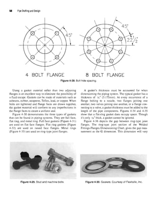 58 Pipe Drafting and Design
Figure 4-28. Bolt hole spacing.
Using a gasket material softer than two adjoining A gasket's thickness must be accounted for when
flanges is an excellent way to eliminate the possibility of dimensioning the piping system. The typical gasket has a
a fluid escape. Gaskets can be made of materials such as thickness of V%" (3.175mm). At every occurrence of a
asbestos, rubber, neoprene, Teflon, lead, or copper. When flange bolting to a nozzle, two flanges joining one
bolts are tightened and flange faces are drawn together, another, two valves joining one another, or a flange con-
the gasket material will conform to any imperfections in necting to a valve, a gasket thickness must be added to the
the flange faces to create a uniform seal. length of the pipe components. Figures 4-34 and 4-35
Figure 4-30 demonstrates the three types of gaskets show that a flat-ring gasket does occupy space. Though
that can be found in piping systems. They are full face, it's only V%" thick, a gasket cannot be ignored,
flat ring, and metal ring. Full face gaskets (Figure 4-31) Figure 4-36 depicts the gap between ring-type joint
are used on flat face flanges. Flat ring gaskets (Figure flanges. The ring-type joint section of the Welded
4-32) are used on raised face flanges. Metal rings Fittings-Flanges Dimensioning Chart, gives the gap mea-
(Figure 4-33) are used on ring-type joint flanges. surement as the G dimension. This dimension will vary
Figure 4-29. Stud and machine bolts. Figure 4-30. Gaskets. Courtesy of Flexitallic, Inc.
 