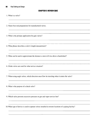 82 Pipe Drafting and Design
CHAPTER 5 REVIEW QUIZ
1. What is a valve?
2. Name four end preparations for manufacturedvalves.
3. What is the primary application for gate valves?
4. What phrase describes a valve's length measurement?
5. What can be used to approximate the distance a stem will rise above a handwheel?
6. Globe valves are used for what service situation?
7. When using angle valves, which direction must flow be traveling when it enters the valve?
8. What is the purpose of a check valve?
9. Which valve prevents excessive pressure on gas and vapor service line?
10.What type of device is used to operate valves installed in remote locations of a piping facility?
 