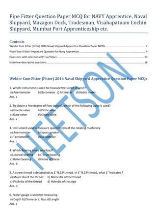 Navy Fitter Example Pipe Fitter Question Paper MCQ for NAVY Apprentice Naval Shipyard | PDF