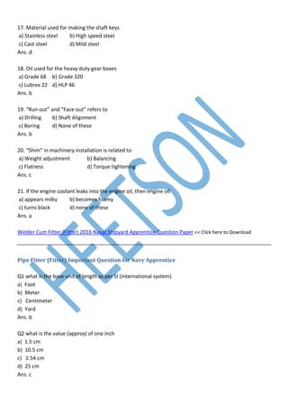 Navy Fitter Example Pipe Fitter Question Paper MCQ for NAVY Apprentice Naval Shipyard | PDF