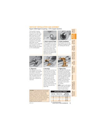 11
ANVIL®PIPE FITTERS HANDBOOK
Gruvlok
Installation
Pipe
and
Flange
Data
Weld
Fitting
and
Steel
Flange
Data
Table
of
Contents
Gruvlok
Tech.
Data
Bolt
Templates
General
Welding
Information
Conversions
Drop
Nipple
and
Tee-Let
Installation
Pipe
Thread
Standards
The Fig. 6400 Coupling
from Gruvlok is specially
designed to provide a rigid
pipe connection to meet
the speciﬁc demands of
copper tubing installation.
Fast and easy swing-over
installation of the rugged
lightweight housing
produces a secure, rigid pipe
joint. Available with the
EPDM ﬂush gap style gasket
as the standard gasket.
GRUVLOK®
INSTALLATION AND ASSEMBLY
Figure 6400 Rigid Coupling – CTS Copper System
1. Check & Lubricate Gasket
Check the gasket to be sure it
is compatible for the intended
service. Apply a thin coating
of Gruvlok®Xtreme Lubricant
to the entire surface, both
internal and external, of the
gasket. Be careful that foreign
particles do not adhere to the
lubricated surfaces.
2. Gasket Installation
Slip the gasket over one tube,
making sure the gasket lip does
not overhang the tube end.
3. Alignment
After aligning the two tube
ends together, pull the gasket
into position, centering it
between the grooves on each
tube. The gasket should not
extend into the groove on
either tube or between the
tube ends.
4. Housings
Remove one nut and bolt and
loosen the other nut. Place
one housing over the gasket,
making sure the housing keys
ﬁt into the tube grooves.
Swing the other housing
over the gasket and into
the grooves on both tubes,
making sure the tongue and
recess of each housing is
properly mated. Re-insert the
bolt and run-up both nuts
ﬁnger tight.
CAUTION: Uneven tightening may cause the gasket
to pinch. The gasket should not be visible between
segments after the bolts are tightened. Proper
torquing of coupling bolts is required to obtain
speciﬁed performance. Over torquing the bolts may
result in damage to the bolt and/or casting which
could result in pipe joint separation. Under torquing
the bolts may result in lower pressure retention
capabilities, lower bend load capabilities, joint
leakage and pipe joint separation.
SPECIFIED BOLT TORQUE
Bolt Size Wrench Size
Speciﬁed
Bolt Torque*
In. In. Ft.-Lbs
3
⁄8
11
⁄16 30-45
1
⁄2
7
⁄8 30-45
5
⁄8 11
⁄16 60-90
* Non-lubricated bolt torques.
5. Tighten Nuts
Securely tighten nuts alternately
and equally to the speciﬁed
bolt torque, keeping the gaps
at the bolt pads evenly spaced.
Assembly is complete. Visually
inspect the pipe joint to assure
the coupling keys are fully
engaged in the pipe grooves.
The bolt pads are to have
equal gaps on each side of
the coupling.
NOTE: Copper is a soft material,
and in some cases, the bolt
pads may come close to
metal-to-metal contact.
APFH-12.11
 