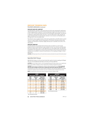 ANVIL®PIPE FITTERS HANDBOOK
26
GRUVLOK®
TECHNICAL DATA
Gruvlok Lubricants Continued
GRUVLOK®QUICK DRY LUBRICANT
Gruvlok®Quick Dry Lubricant is a fast drying lubricant that has been developed for applications
where the piping system is exposed. The service temperature range for this lubricant is from 0° F
to 150° F (-17.8°C to 65.6°C) and may be used with all Gruvlok gasket material grades. The lubricant
is made from a water emulsion that is non-toxic, it will not impart taste or odor, and does not
support bacterial growth. Gruvlok Quick Dry Lubricant is non-corrosive, non-ﬂammable, and is
NSF approved for use with potable water.
This lubricant is easy to apply by brush or hand, and it quickly dries to a thin ﬁlm when in contact
with air. It is water-soluble. The quick drying quality of the lubricant eliminates lubricant drips
caused by over lubrication. If necessary, reapply lubricant prior to assembly. Do not thin or mix
with solvents.
GRUVLOK®LUBRICANT
Gruvlok®Lubricant is the standard lubricant that has been provided for use with Gruvlok
products for years. Gruvlok Lubricant is water soluble, non-toxic, non-corrosive, non-ﬂammable,
and will not impart taste or odor. It is NSF approved for use with potable water. This lubricant is
acceptable for most applications, however, the Gruvlok Xtreme Lubricant and Gruvlok Quick Dry
Lubricant are now available to improve the performance of the couplings and ﬂanges in certain
applications.
CAUTION: HDPE pipe requires the use of Gruvlok Xtreme Lubricant and should not be used with Gruvlok Lubricant.
Speciﬁed Bolt Torque
Speciﬁed bolt torque is for the oval neck track bolts used on Gruvlok couplings and ﬂanges.
The nuts must be tightened alternately and evenly until fully tightened.
CAUTION: Use of an Impact wrench is not recommended because the torque output can vary signiﬁcantly
due to many variables including air pressure supply, battery strength and operational variations.
CAUTION: Proper torquing of coupling bolts is required to obtain speciﬁed performance. Over torquing the
bolts may result in damage to the bolt and/or casting which could result in pipe joint separation. Under
torquing the bolts may result in lower pressure retention capabilities, lower bend load capabilities, joint leakage
and pipe joint separation. Pipe joint separation may result in signiﬁcant property damage and serious injury.
NOTE: Use speciﬁed bolt torque unless otherwise indicated on product installation pages.
ANSI
SPECIFIED BOLT TORQUE
Bolt
Size
Wrench
Size
Speciﬁed
Bolt Torque *
In. In. Ft.-Lbs.
3
⁄8
11
⁄16 30-45
1
⁄2
7
⁄8 80-100
5
⁄8 11
⁄16 100-130
3
⁄4 11
⁄4 130-180
7
⁄8 17
⁄16 180-220
1 15
⁄8 200-250
11
⁄8 113
⁄16 225-275
11
⁄4 2 250-300
METRIC
SPECIFIED BOLT TORQUE
Bolt
Size
Wrench
Size
Speciﬁed
Bolt Torque *
mm mm N-m
M10 16 40-60
M12 22 110-150
M16 24 135-175
M20 30 175-245
M22 34 245-300
M24 36 270-340
* Non-lubricated bolt torques
* Non-lubricated bolt torques
APFH-12.11
 