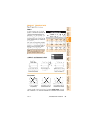 29
ANVIL®PIPE FITTERS HANDBOOK
Gruvlok
Installation
Pipe
and
Flange
Data
Weld
Fitting
and
Steel
Flange
Data
Table
of
Contents
Gruvlok
Tech.
Data
Bolt
Templates
General
Welding
Information
Conversions
Drop
Nipple
and
Tee-Let
Installation
Pipe
Thread
Standards
Sock-It®
:
For Sock-It Fittings, the pipe ends must be
square cut as measured from a true square line.
The maximum allowable tolerance is 0.030"
(0.76mm) for all sizes. Any sharp edges, burrs,
etc. left on the pipe from cutting must be
removed. If these are not removed, they may
damage the gasket as the pipe is inserted into
the Sock-It Fitting.
After cutting, pipe ends must be completely
cleaned a minimum of 1" (25.4mm) back from
the pipe end to remove all pipe coating, weld
beads, rust, sharp projections, etc., which
might effect gasket sealing integrity.
PIPE TOLERANCES
Size
Schedule 10 & 40 Min.
O.D.
XL Min.
O.D.
Nom O.D. Max. O.D.
DN/mm In./mm In./mm In./mm In./mm
1 1.315 1.325 1.295 1.285
25 33.4 33.6 32.9 32.6
11
⁄4 1.660 1.670 1.642 1.630
32 42.2 42.4 41.7 41.4
11
⁄2 1.900 1.910 1.882 1.875
40 48.3 48.5 47.8 47.6
2 2.375 2.385 2.357 2.352
50 60.3 60.6 59.9 59.7
21
⁄2 2.875 2.904 2.846 2.837
65 73.0 73.8 72.3 72.1
ACCEPTABLE PIPE END CONFIGURATION
Square cut pipe with O.D.
burr & sharp edge removed
is preferred conﬁguration.
Beveled pipe. Bevel not
to exceed 1
⁄16".
Soft pipe when roll cut may
be swaged inward. Swaged
portion not to exceed 3
⁄16"
UNACCEPTABLE
The sharp O.D. edge left by different methods of cutting pipe must be removed. If this sharp
edge is not removed, it may damage the gasket as the pipe is inserted into the Sock-It Fitting.
Excessive chamfer on I.D.
will tend to cut gasket
during assembly.
Abrasive wheels & saws
leave edge burrs especially
pronounced on one side.
Dull wheel cutter produces a
raised ridge at the pipe O.D.
giving an oversize diameter.
NOTE: When Allied XL pipe is used it is necessary
only to remove sharp edges and burrs at the end
of the pipe. No additional cleaning is required.
Remove Burr
& Sharp Edge
30 or
45
1⁄32" to 1⁄16" 3⁄16" Max.
APFH-12.11
GRUVLOK®
TECHNICAL DATA
Pipe Preparation Continued
 