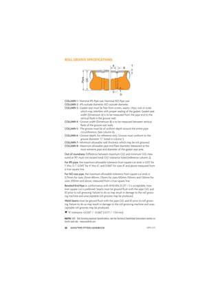 ANVIL®PIPE FITTERS HANDBOOK
30
ROLL GROOVE SPECIFICATIONS
COLUMN 1 - Nominal IPS Pipe size. Nominal ISO Pipe size.
COLUMN 2 - IPS outside diameter. ISO outside diameter.
COLUMN 3 - Gasket seat must be free from scores, seams, chips, rust or scale
which may interfere with proper sealing of the gasket. Gasket seat
width (Dimension A) is to be measured from the pipe end to the
vertical ﬂank in the groove wall.
COLUMN 4 - Groove width (Dimension B) is to be measured between vertical
ﬂank of the groove size walls.
COLUMN 5 - The groove must be of uniform depth around the entire pipe
circumference. (See column 6).
COLUMN 6 - Groove depth: for reference only. Groove must conform to the
groove diameter “C” listed in column 5.
COLUMN 7 - Minimum allowable wall thickness which may be roll grooved.
COLUMN 8 - Maximum allowable pipe end ﬂare diameter. Measured at the
most extreme pipe end diameter of the gasket seat area.
Out of roundness: Difference between maximum O.D. and minimum O.D. mea-
sured at 90° must not exceed total O.D. tolerance listed (reference column 2).
For IPS pipe, the maximum allowable tolerance from square cut ends is 0.03" for
1" thru 31
⁄2"; 0.045" for 4" thru 6"; and 0.060" for sizes 8" and above measured from
a true square line.
For ISO size pipe, the maximum allowable tolerance from square cut ends is
0.75mm for sizes 25mm-80mm; 1.15mm for sizes 100mm-150mm; and 1.50mm for
sizes 200mm and above, measured from a true square line.
Beveled-End Pipe in conformance with ANSI B16.25 (371
⁄2°) is acceptable, how-
ever square cut is preferred. Seams must be ground ﬂush with the pipe O.D. and
ID prior to roll grooving. Failure to do so may result in damage to the roll groov-
ing machine and unacceptable roll grooves may be produced.
Weld Seams must be ground ﬂush with the pipe O.D. and ID prior to roll groov-
ing. Failure to do so may result in damage to the roll grooving machine and unac-
ceptable roll grooves may be produced.
▼ “A” tolerance +0.030" / -0.060" (+0.77 / -1.54 mm)
T
B
D
C
OD
Flare
A
NOTE: VdS - Roll Grooving Approval Speciﬁcations, see the Technical Data/Install Instructions section on
Anvil’s web site - www.anvilintl.com
APFH-12.11
 