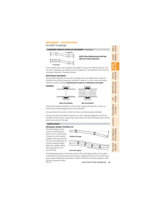 41
ANVIL®PIPE FITTERS HANDBOOK
Gruvlok
Installation
Pipe
and
Flange
Data
Weld
Fitting
and
Steel
Flange
Data
Table
of
Contents
Gruvlok
Tech.
Data
Bolt
Templates
General
Welding
Information
Conversions
Drop
Nipple
and
Tee-Let
Installation
Pipe
Thread
Standards
DRAINAGE, BURIED SYSTEMS, ETC
The ﬂexible design of the
Gruvlok coupling makes it
ideal for use in a wide variety
of systems in which random
changes of the pipe direction
can be accommodated by the
Gruvlok coupling’s angular
deﬂection capability rather
than requiring the use of
special ﬁttings.
Pitched drainage systems, buried pipe systems where pipe laying conditions are subject
to settlement, and exposed pipe systems laid on rough ground are but a few of the many
types of pipe installations that present conditions where the functional capability of the
Gruvlok coupling are useful.
MOVEMENT - APPLICATIONS
Gruvlok®
Couplings
Pitched for Drainage
Buried Pipe Systems
CURVE LAYOUT
NOTE: Fully Deﬂected Joint Will Not
Allow For Linear Expansion.
In the example above, two couplings were added to account for thermal expansion and
the other couplings accommodate only the misalignment. The additional stress from the
combined movement is therefore relieved.
ROTATIONAL MOVEMENT:
Piping systems designed with Gruvlok Couplings can accommodate minor rotational
movement from thermal expansion, settlement, vibration, or other similar movements.
However, Gruvlok Couplings should never be used as a continuous swivel joint.
For Deﬂection
For Expansion
Utilizing the rotational capability of the Gruvlok Coupling, the pipe life of a slurry or
similar coarse material piping system can be extended.
For pipe rotation, the system must be shut down and internal pressure relieved.
The pipe may then be rotated one-quarter turn, the couplings retightened, and service
resumed. If performed on a regular basis, pipe rotation will evenly distribute wear over the
entire inner surface of the pipe.
EXAMPLE:
Before Pipe Rotation After Pipe Rotation
COMBINED LINEAR & ANGULAR MOVEMENT Continued
APFH-12.11
 