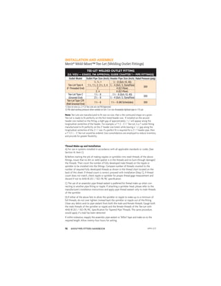ANVIL®PIPE FITTERS HANDBOOK
70
INSTALLATION AND ASSEMBLY
Merit®
Weld-Miser™ Tee-Let (Welding Outlet Fittings)
TEE-LET WELDED OUTLET FITTING
(UL VIZU — EX6032, FM APPROVAL GUIDE CHAPTER 1 – PIPE FITTINGS)
Outlet Model Outlet Pipe Size (Inch) Header Pipe Size (Inch) Rated Pressure (psig)
Tee-Let Type A
(F-Threaded End)
1
⁄2, 3
⁄4, 1 1
⁄2 - 8 (Sch.10, 40)
300
11
⁄4, 11
⁄2, 2, 21
⁄2, 3, 4 1
⁄2 - 4 (Sch. 5, DynaFlow)
2 4 (EZ-Flow)
2, 4 6 (EZ-Flow)
Tee-Let Type C
(Grooved End)
11
⁄4 - 8 11
⁄4 - 8 (Sch.10, 40)
300
21
⁄2 - 8 1
⁄2 - 4 (Sch. 5, DynaFlow)
Tee-Let Type C/R
(Roll Grooved End)
11
⁄4 - 6 11
⁄4 - 8 (All Schedules) 300
1) Size-on-size (i.e. 2 x 2) Tee-Lets are not FM Approved.
2) FM rated working pressure when welded on Sch. 5 or non-threadable lightwall pipe is 175 psi.
Note: Tee-Lets are manufactured to ﬁt size-on-size, that is the contoured shape on a given
Tee-Let is made to ﬁt perfectly on the ﬁrst listed header size. If installed on the second
header size marked on the ﬁtting, a slight gap of approximately 1
⁄32" will appear along the
longitudinal centerline of the header. For example, a 1" x 2 - 21
⁄2" Tee-Let, is a 1" outlet ﬁtting
manufactured to ﬁt perfectly on the 2" header size listed, while leaving a 1
⁄32" gap along the
longitudinal centerline of the 21
⁄2" size. If a perfect ﬁt is required for a 21
⁄2" header pipe, then
a 1" x 21
⁄2 - 3" Tee-Let would be ordered. Size consolidations are employed to reduce inventory
and provide for greater ﬂexibility.
Thread Make-up and Installation
A) For use in systems installed in accordance with all applicable standards or codes. (See
Section III, Item C)
B) Before starting the job of making nipples or sprinklers into steel threads of the above
ﬁttings, insure that no dirt or weld spatter is in the threads and no burn-through damaged
the threads. Then count the number of fully developed male threads on the nipple or
sprinkler to be installed into the ﬁttings. Compare number of threads counted to the
number of required fully developed threads as shown in the thread chart located on the
back of this sheet. If thread count is correct, proceed with installation (Step C), if thread
count does not match, check nipple or sprinkler for proper thread gage measurement and
discard if not to ANSI B1.20.1 / ISO-7R/RC speciﬁcation.
C) The use of an anaerobic pipe thread sealant is preferred for thread make up when con-
necting to another pipe ﬁtting or nipple. If attaching a sprinkler head, please refer to the
manufacturer’s installation instructions and apply pipe thread sealant only to male threads
of the sprinkler.
D) If either of the above fails to allow the sprinkler or nipple to make-up to a minimum of
full threads, do not over tighten. Instead back the sprinkler or nipple out of the ﬁtting.
Clean any debris and/or pipe sealant from both the male and female threads. Gauge both
the male threads of the sprinkler or nipple and the female threads of the Tee-Let with
ANSI B1.20.1 / ISO-7R/RC. Speciﬁcation for Tapered Pipe Threads. The same procedure
would apply if a leak has been detected.
If within tolerance, reapply the anaerobic pipe sealant or Teﬂon™tape and make-on to the
required length. Allow twenty-four hours for setting.
APFH-12.11
 