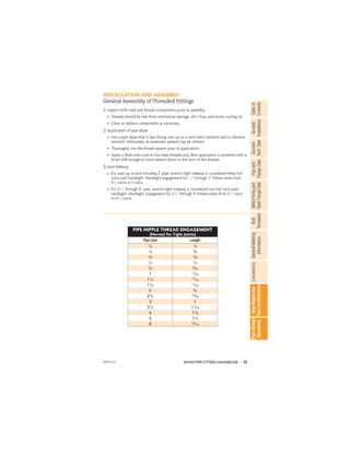 73
ANVIL®PIPE FITTERS HANDBOOK
Gruvlok
Installation
Pipe
and
Flange
Data
Weld
Fitting
and
Steel
Flange
Data
Table
of
Contents
Gruvlok
Tech.
Data
Bolt
Templates
General
Welding
Information
Conversions
Drop
Nipple
and
Tee-Let
Installation
Pipe
Thread
Standards
1) Inspect both male and female components prior to assembly.
• Threads should be free from mechanical damage, dirt, chips and excess cutting oil.
• Clean or replace components as necessary.
2) Application of pipe dope
• Use a pipe dope that is fast drying, sets-up to a semi hard condition and is vibration
resistant. Alternately, an anaerobic sealant may be utilized.
• Thoroughly mix the thread sealant prior to application.
• Apply a thick even coat to the male threads only. Best application is achieved with a
brush stiff enough to force sealant down to the root of the threads.
3) Joint Makeup
• For sizes up to and including 2" pipe, wrench tight makeup is considered three full
turns past handtight. Handtight engagement for 1
⁄2" through 2" thread varies from
41
⁄2 turns to 5 turns.
• For 21
⁄2" through 4" sizes, wrench tight makeup is considered two full turns past
handtight. Handtight engagement for 21
⁄2" through 4" thread varies from 51
⁄2 turns
to 63
⁄4 turns.
INSTALLATION AND ASSEMBLY
General Assembly of Threaded Fittings
PIPE NIPPLE THREAD ENGAGEMENT
(Normal for Tight Joints)
Pipe Size Length
1
/8
1
/4
1
/4
3
/8
3
/8
3
/8
1
/2
1
/2
3
/4
9
/16
1 11
/16
11
/4
11
/16
11
/2
11
/16
2 3
/4
21
/2
15
/16
3 1
31
/2 11
/16
4 11
/8
5 11
/4
6 15
/16
APFH-4.12
 