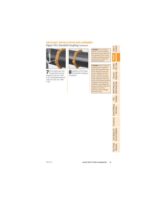 9
ANVIL®PIPE FITTERS HANDBOOK
Gruvlok
Installation
Pipe
and
Flange
Data
Weld
Fitting
and
Steel
Flange
Data
Table
of
Contents
Gruvlok
Tech.
Data
Bolt
Templates
General
Welding
Information
Conversions
Drop
Nipple
and
Tee-Let
Installation
Pipe
Thread
Standards
GRUVLOK®
INSTALLATION AND ASSEMBLY
Figure 7011 Standard Coupling Continued
CAUTION: Proper torquing of
coupling bolts is required to
obtain speciﬁed performance.
Over torquing the bolts may
result in damage to the bolt
and/or casting which could
result in pipe joint separation.
Under torquing the bolts may
result in lower pressure retention
capabilities, lower bend load
capabilities, joint leakage and
pipe joint separation. Pipe joint
separation may result in
signiﬁcant property damage
and serious injury.
CAUTION:Use of an impact
wrench is not recommended
because the torque output can
vary signiﬁcantly due to many
variables including air pressure
supply, battery strength and
operational variations.
7Firmly torque each bolt.
The speciﬁed minimum
torque for each nut is 600
ft.-lbs. The speciﬁed maximum
torque for each nut is 800
ft.-lbs.
8Installation of the Figure
7011 Standard Coupling is
completed.
APFH-12.11
 