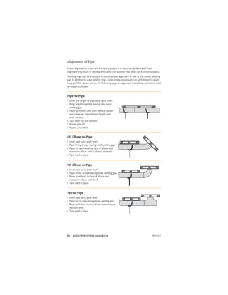 ANVIL®PIPE FITTERS HANDBOOK
92
90˚ Elbow-to-Pipe
1. Level pipe using spirit level.
2. Place ﬁtting to pipe leaving small welding gap.
3. Place spirit level on face of elbow and
maneuver elbow until level.
4. Tack weld in place.
45˚ Elbow-to-Pipe
1. Level pipe using spirit level.
2. Place ﬁtting to pipe leaving small welding gap.
3. Place 45˚ spirit level on face of elbow and
maneuver elbow until bubble is centered.
4. Tack weld in place.
Pipe-to-Pipe
1. Level one length of pipe using spirit level.
2. Bring lengths together leaving only small
welding gap.
3. Place spirit level over both pipes as shown
and maneuver unpositioned length until
both are level.
4. Tack weld top and bottom.
5. Rotate pipe 90°.
6. Repeat procedure.
Alignment of Pipe
Proper alignment is important if a piping system is to be correctly fabricated. Poor
alignment may result in welding difﬁculties and a system that does not function properly.
Welding rings may be employed to assure proper alignment as well as the correct welding
gap. In addition to using welding rings, some simple procedures can be followed to assist
the pipe ﬁtter. Below and on the following page are alignment procedures commonly used
by today’s craftsmen.
Tee-to-Pipe
1. Level pipe using spirit level.
2. Place tee to pipe leaving small welding gap.
3. Place spirit level on face of tee and maneuver
tee until level.
4. Tack weld in place.
APFH-12.11
 