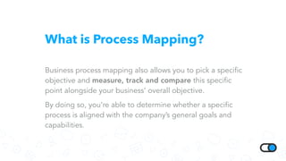 What is Process Mapping?
Business process mapping also allows you to pick a specific
objective and measure, track and compare this specific
point alongside your business’ overall objective.
By doing so, you’re able to determine whether a specific
process is aligned with the company’s general goals and
capabilities.
 
