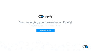 Start managing your processes on Pipefy!
Enjoy the 30-day free trial and leave mistakes in the past.
get started for free
 